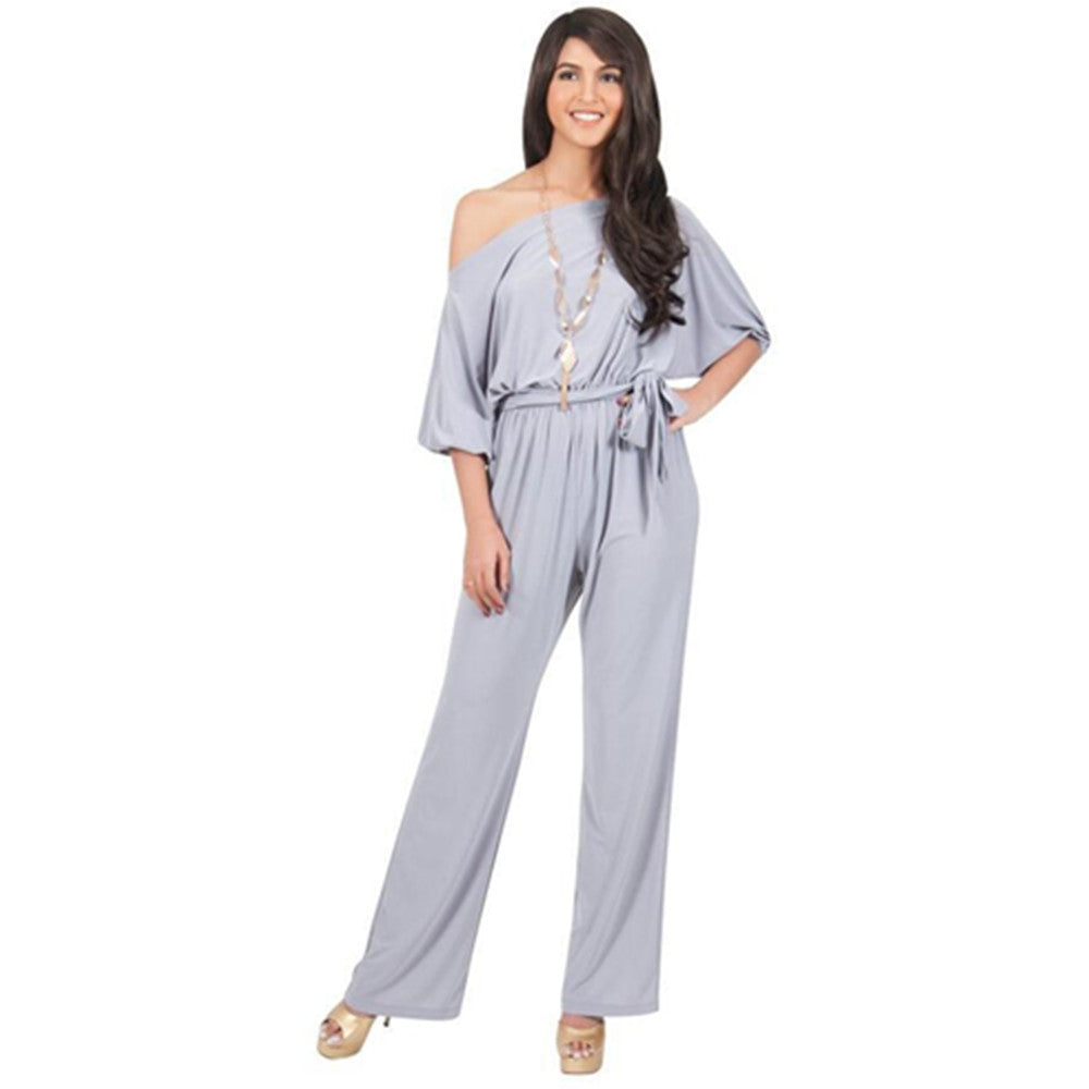 With Belt Women Sexy Plus Size Off Shoulder Slash Neck Jumpsuits