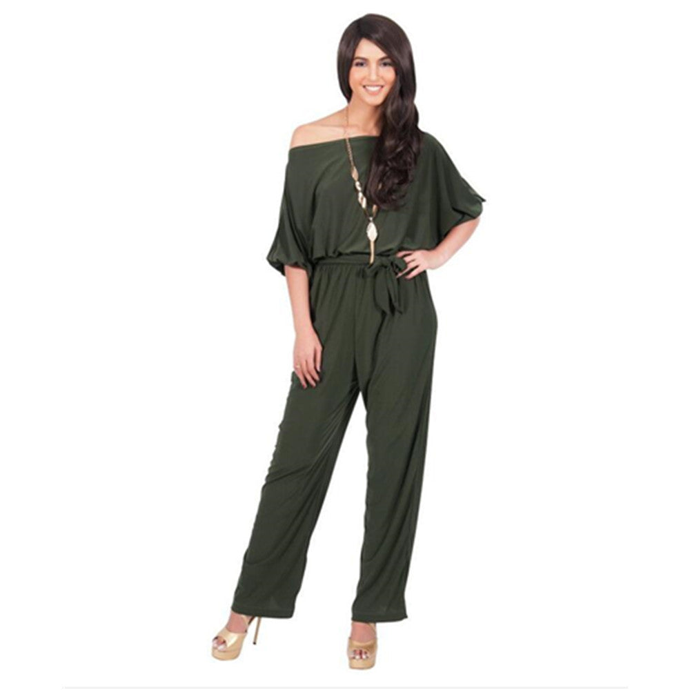 With Belt Women Sexy Plus Size Off Shoulder Slash Neck Jumpsuits