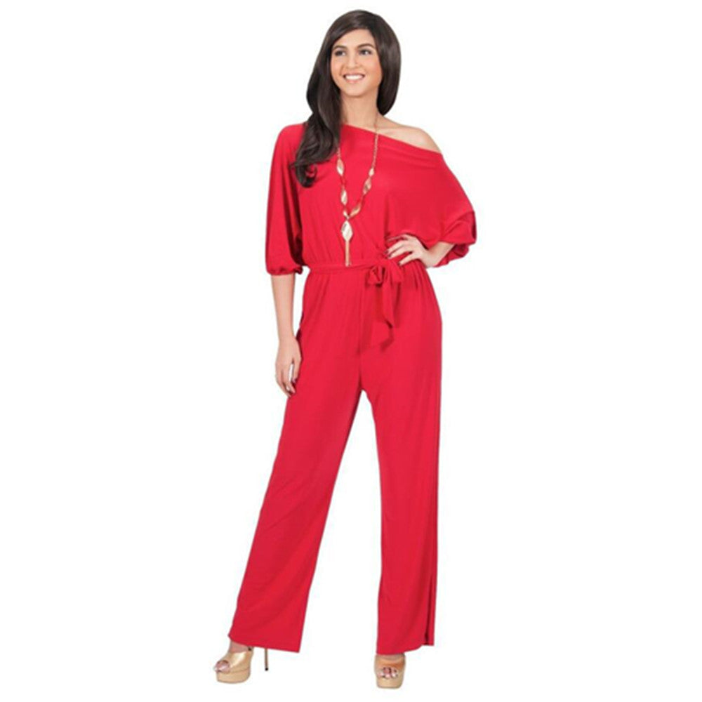 With Belt Women Sexy Plus Size Off Shoulder Slash Neck Jumpsuits