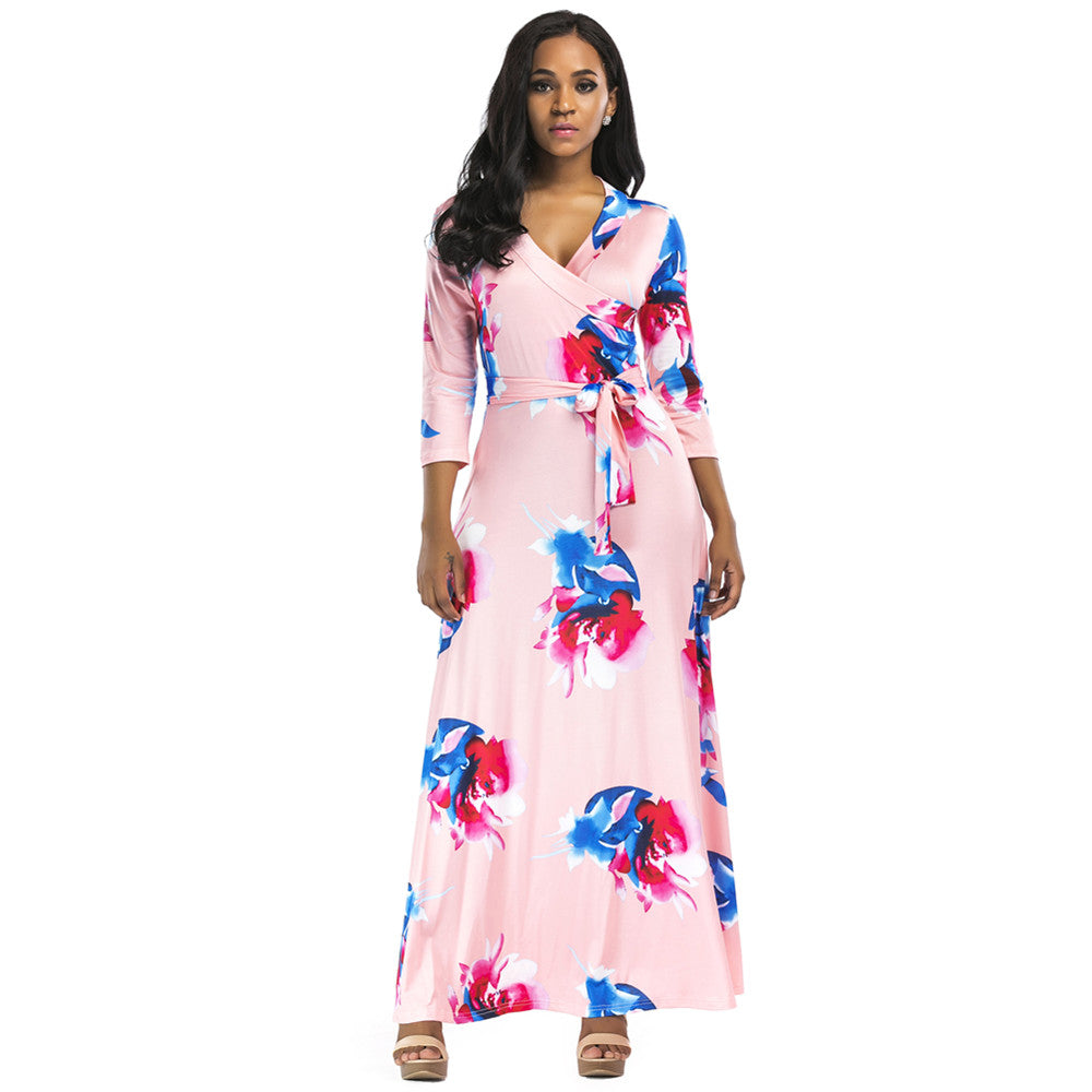 Floral Print Elastic Long Maxi Dresses Women's Sexy Three-quarter Sleeve V-Neck Casual Dress With Bowknot Belt