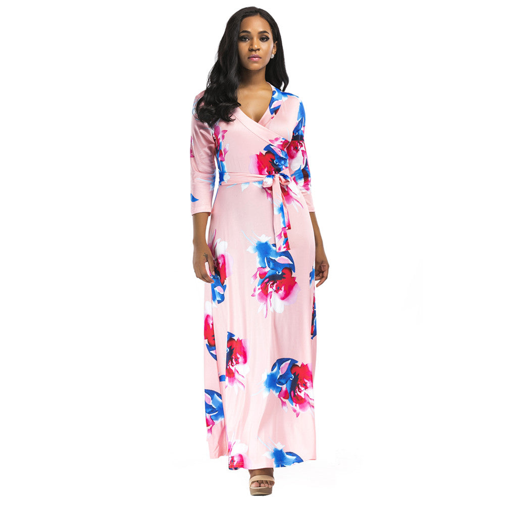 Floral Print Elastic Long Maxi Dresses Women's Sexy Three-quarter Sleeve V-Neck Casual Dress With Bowknot Belt