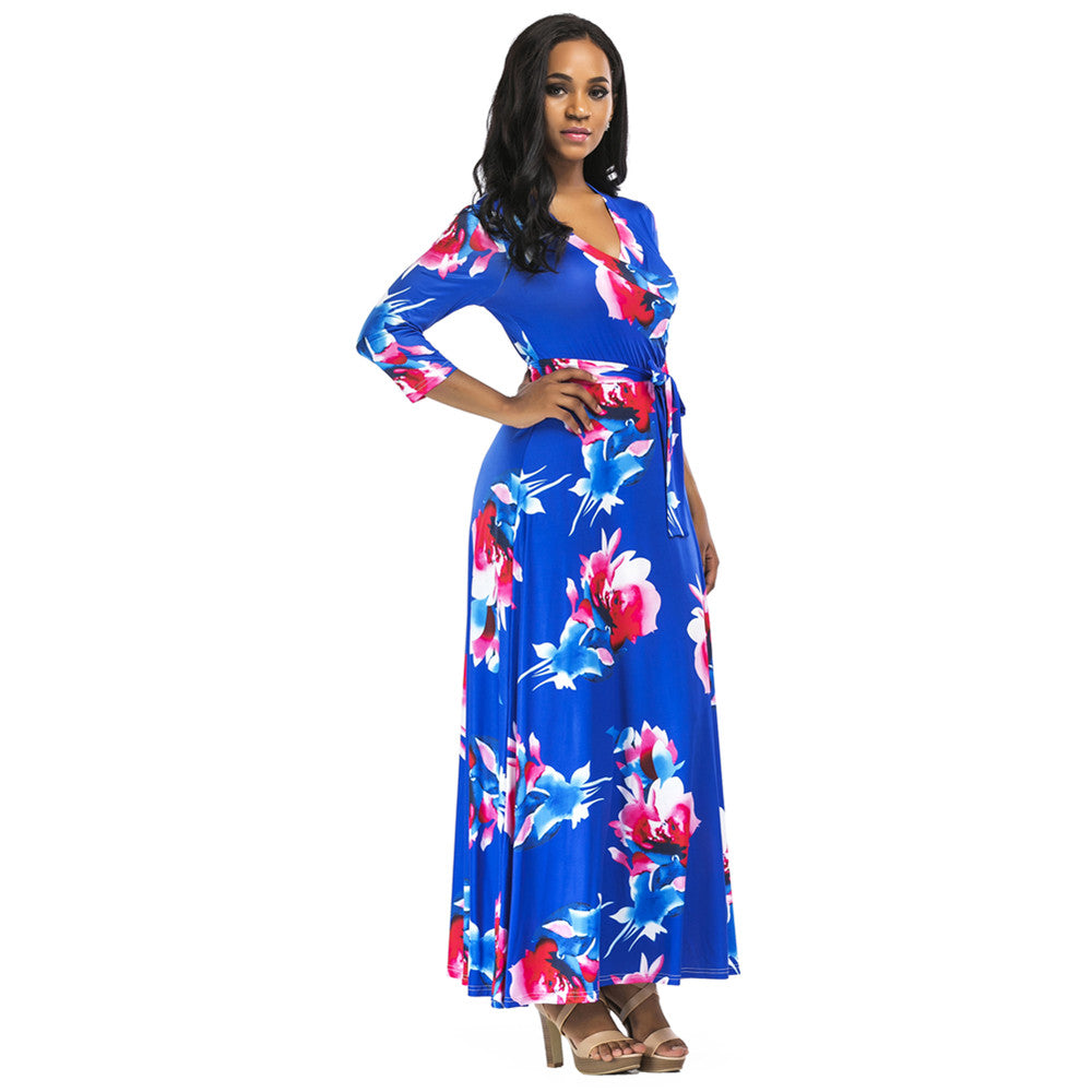 Floral Print Elastic Long Maxi Dresses Women's Sexy Three-quarter Sleeve V-Neck Casual Dress With Bowknot Belt