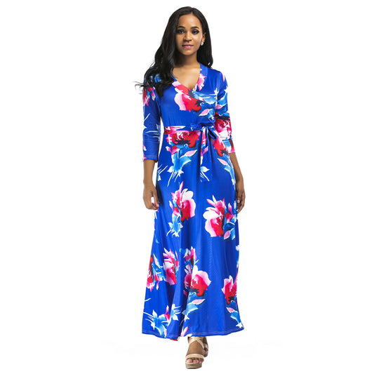 Floral Print Elastic Long Maxi Dresses Women's Sexy Three-quarter Sleeve V-Neck Casual Dress With Bowknot Belt