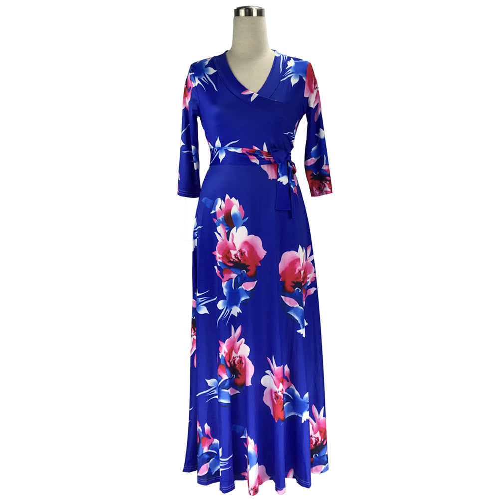 Floral Print Elastic Long Maxi Dresses Women's Sexy Three-quarter Sleeve V-Neck Casual Dress With Bowknot Belt
