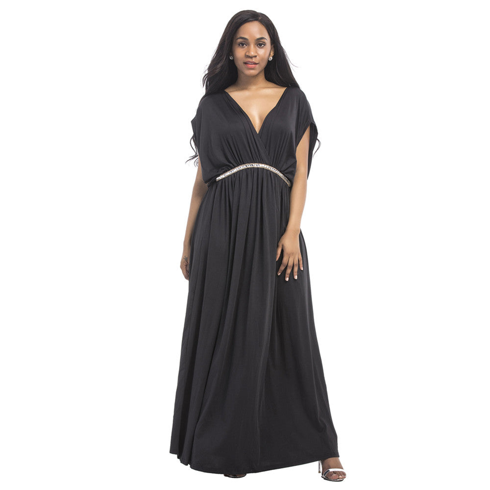 Women Sexy Solid Casual High Waist Deep V-Neck Party Maxi Dresses