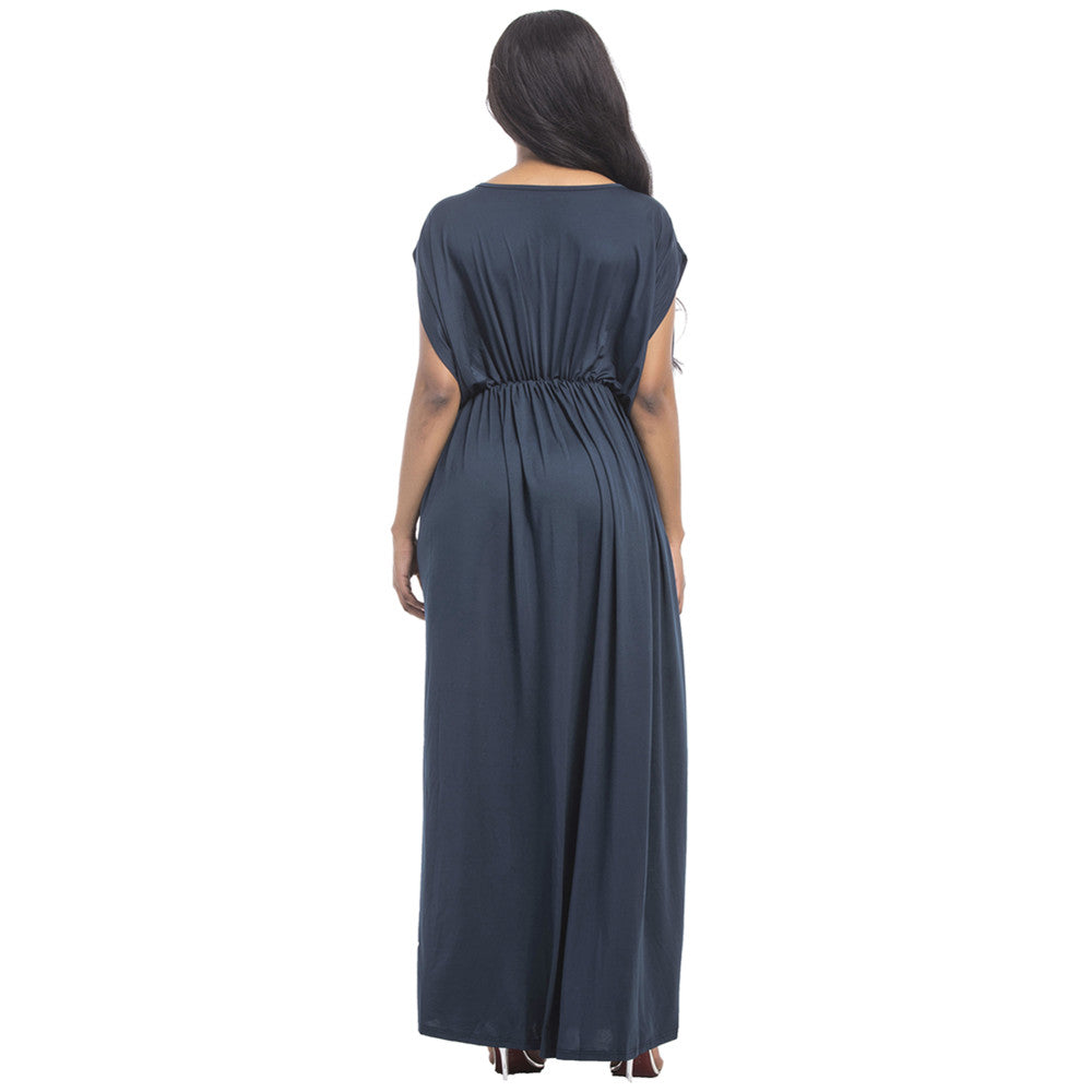 Women Sexy Solid Casual High Waist Deep V-Neck Party Maxi Dresses