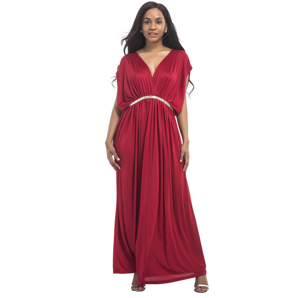 Women Sexy Solid Casual High Waist Deep V-Neck Party Maxi Dresses