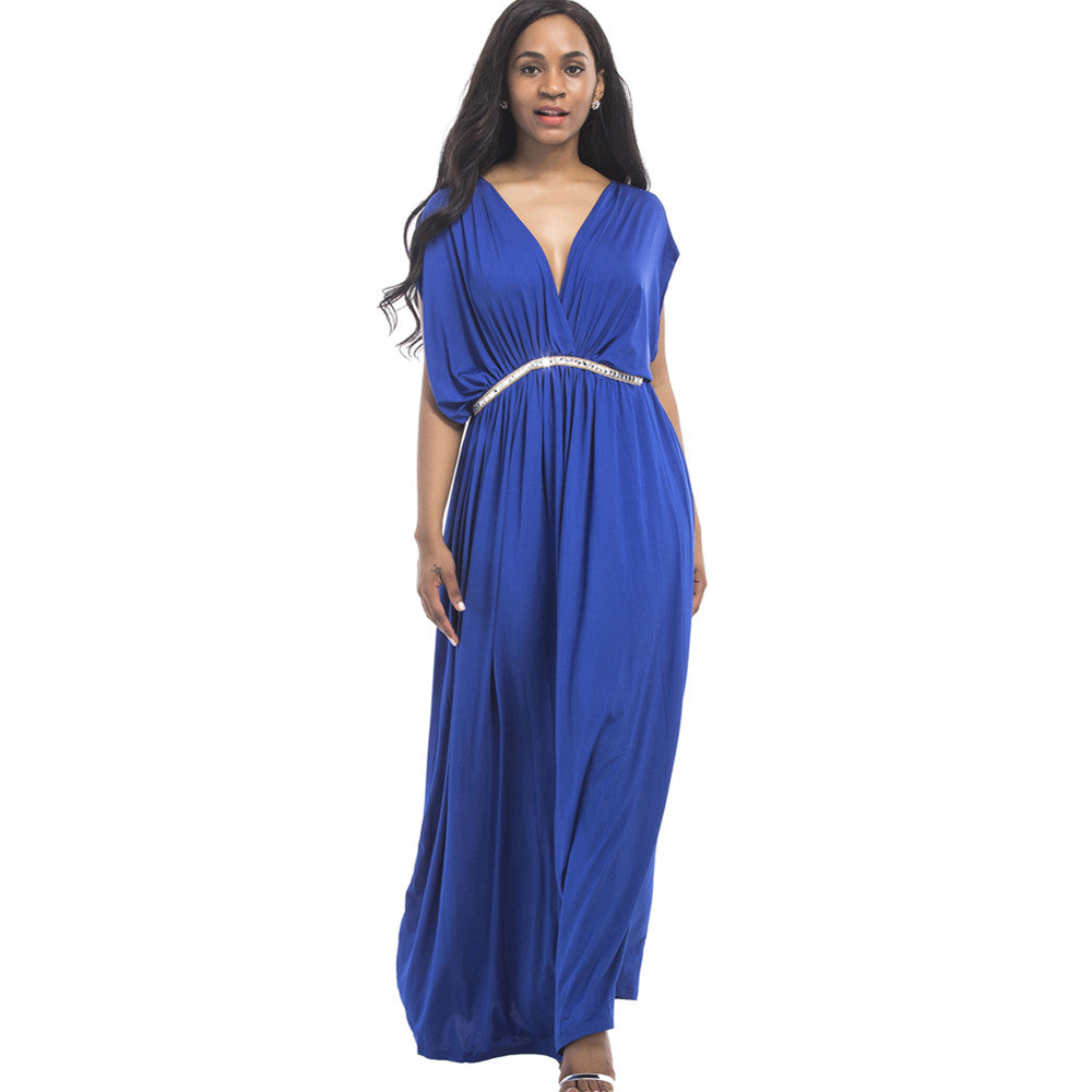 Women Sexy Solid Casual High Waist Deep V-Neck Party Maxi Dresses