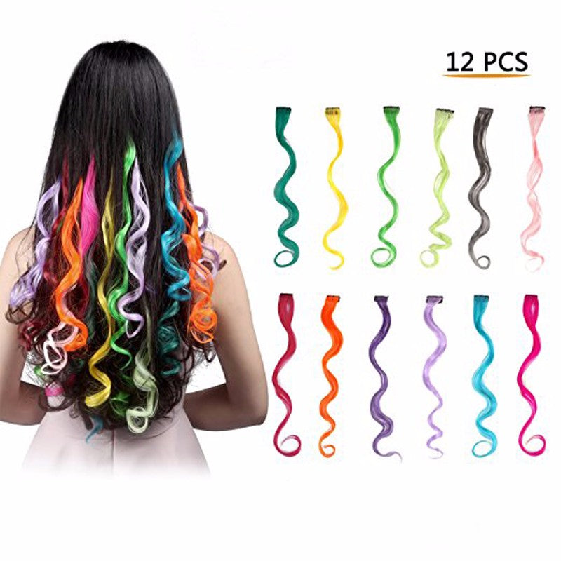 12 Pcs 12 Colors Full Color Curly Wave Clip on in Hair Extensions Hair Pieces 18 Inches Long Remy Hair Colored Party Highlights