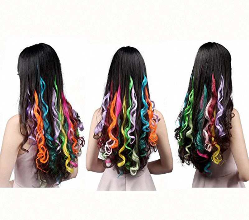 12 Pcs 12 Colors Full Color Curly Wave Clip on in Hair Extensions Hair Pieces 18 Inches Long Remy Hair Colored Party Highlights