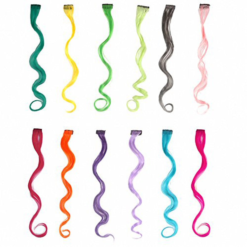 12 Pcs 12 Colors Full Color Curly Wave Clip on in Hair Extensions Hair Pieces 18 Inches Long Remy Hair Colored Party Highlights