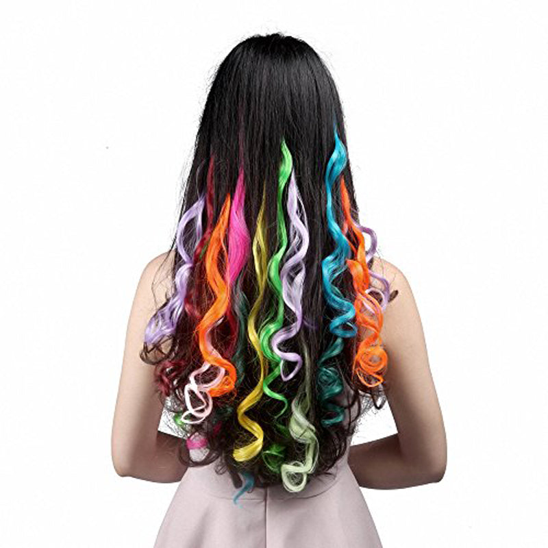 12 Pcs 12 Colors Full Color Curly Wave Clip on in Hair Extensions Hair Pieces 18 Inches Long Remy Hair Colored Party Highlights