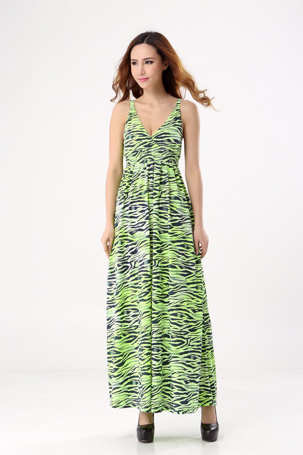 Bohemian Green Water Wave Beach Jersey Dresses for Women V Neck Sexy Dresses Long Type Sleeveless Summer dress SQ-060