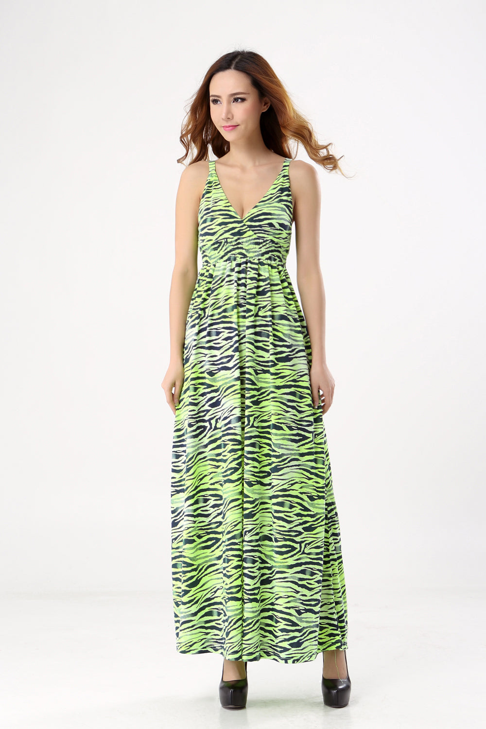 Bohemian Green Water Wave Beach Jersey Dresses for Women V Neck Sexy Dresses Long Type Sleeveless Summer dress SQ-060