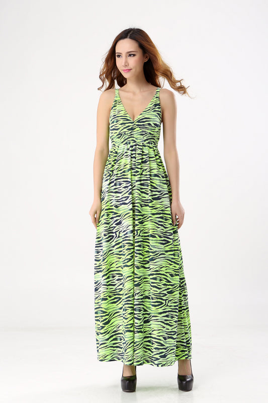 Bohemian Green Water Wave Beach Jersey Dresses for Women V Neck Sexy Dresses Long Type Sleeveless Summer dress SQ-060