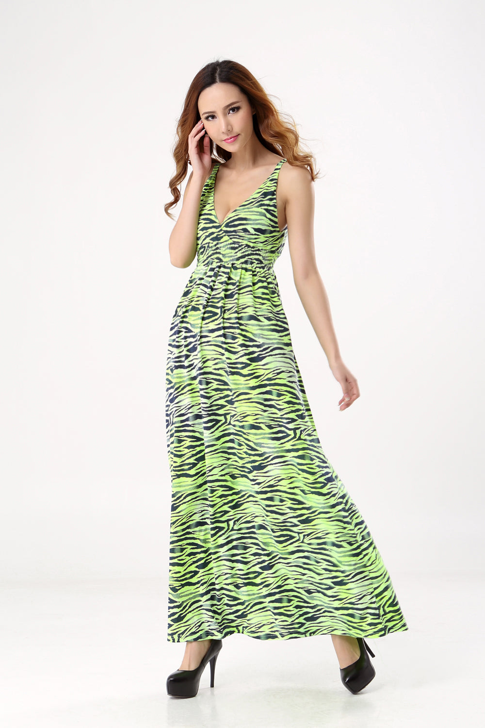 Bohemian Green Water Wave Beach Jersey Dresses for Women V Neck Sexy Dresses Long Type Sleeveless Summer dress SQ-060