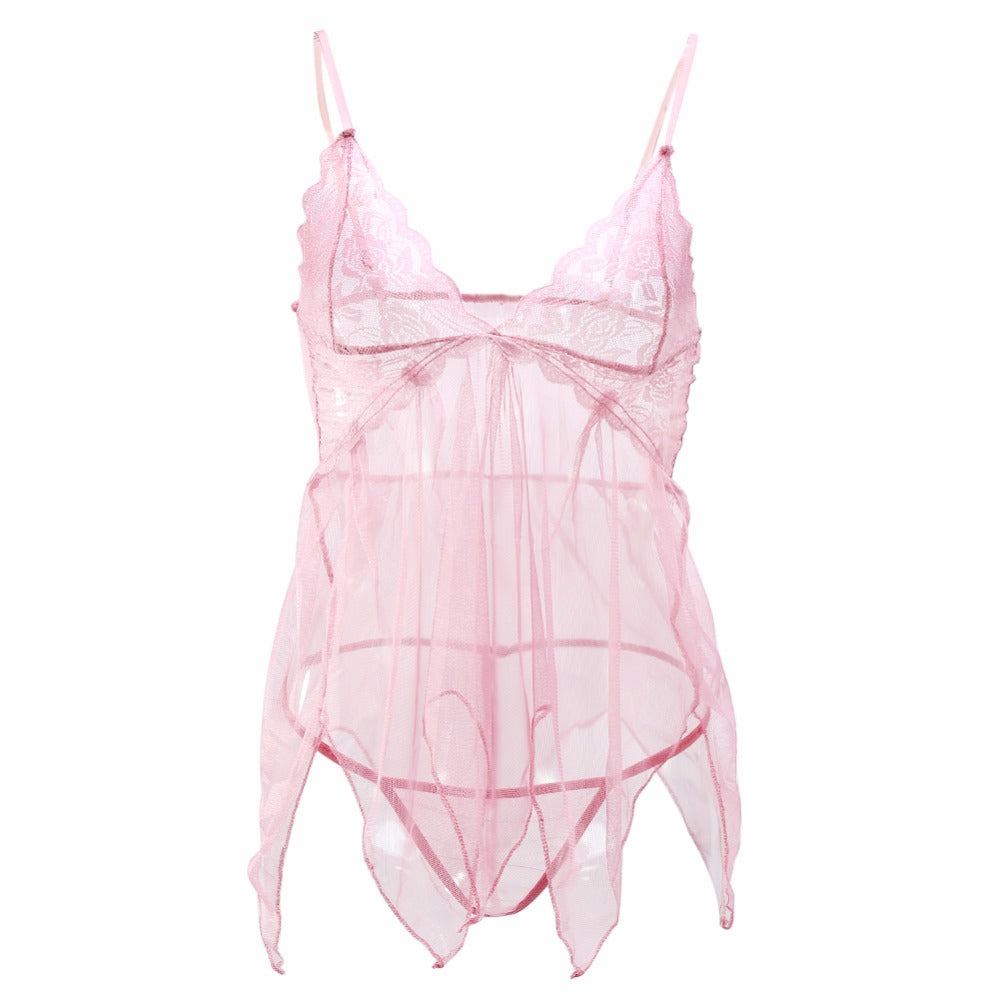 Women Erotic Lace Transparent Nightgown Pink Temptation Sexy Lingerie