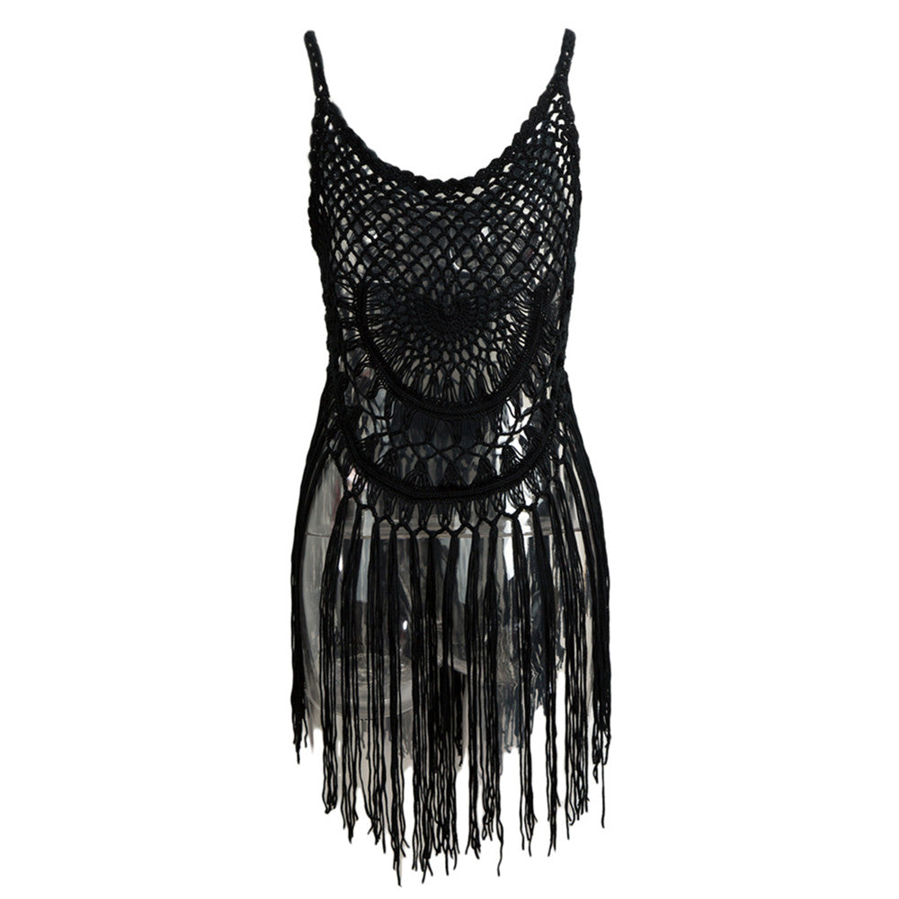 Women's Sleep Dress Sexy Sleeveless Elastic Drawstring Tassel Crochet Knit Nightwear