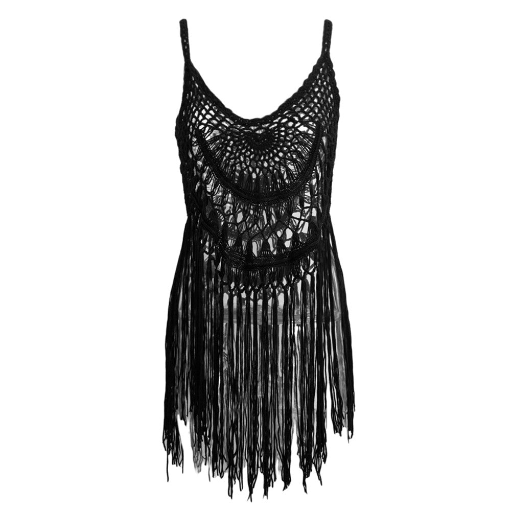 Women's Sleep Dress Sexy Sleeveless Elastic Drawstring Tassel Crochet Knit Nightwear