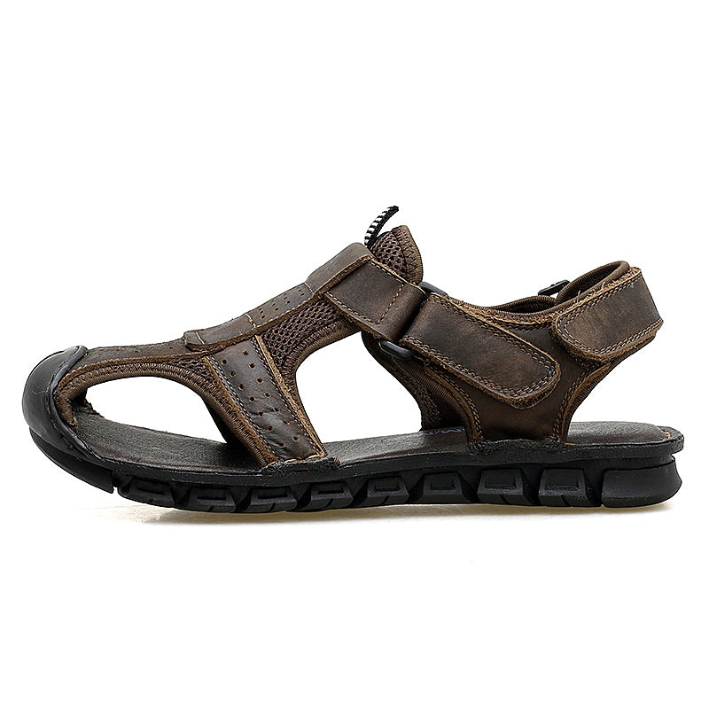 Men's Casual Sandal Leather Cowskin Genuine Loafers Beach Breathable Outdoor Shoes KHAKI BROWN