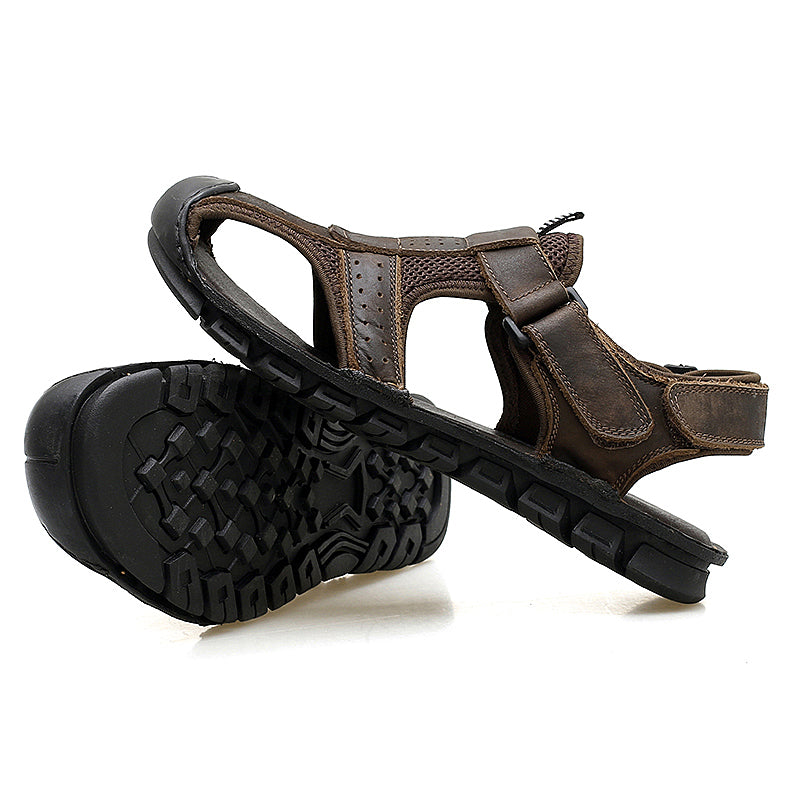 Men's Casual Sandal Leather Cowskin Genuine Loafers Beach Breathable Outdoor Shoes KHAKI BROWN