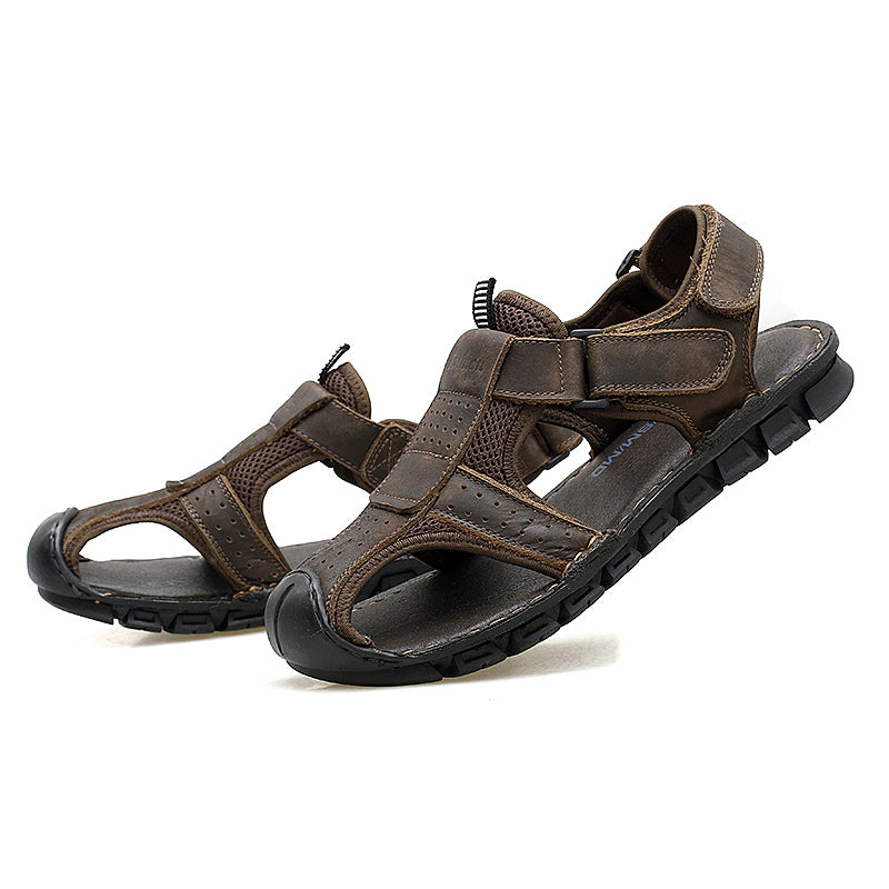 Men's Casual Sandal Leather Cowskin Genuine Loafers Beach Breathable Outdoor Shoes KHAKI BROWN