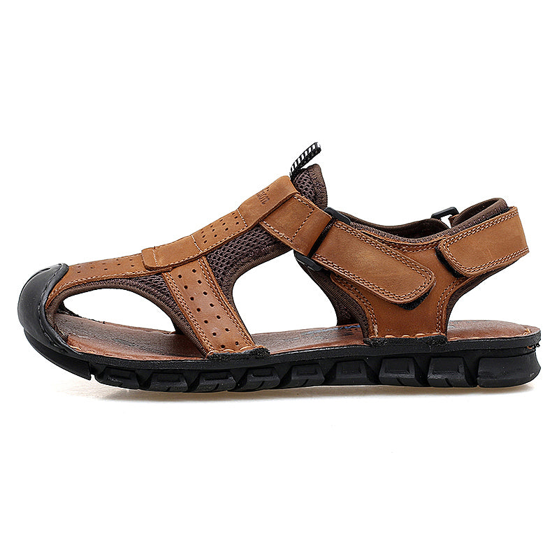 Men's Casual Sandal Leather Cowskin Genuine Loafers Beach Breathable Outdoor Shoes KHAKI BROWN