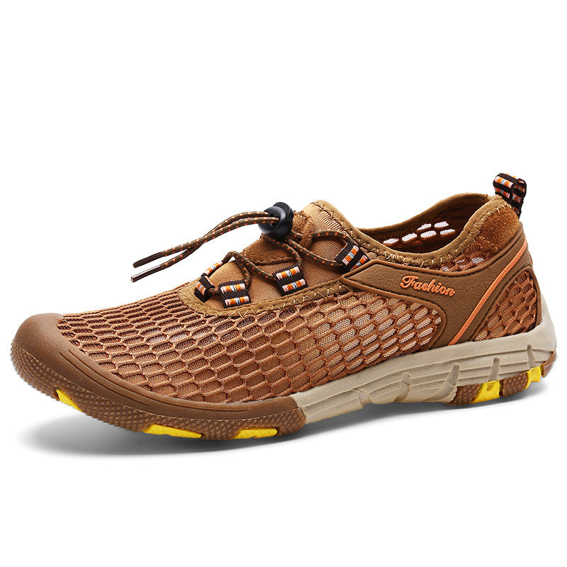 Men's Casual Sandal Leather Cowskin Genuine Loafers Beach Mesh Breathable Outdoor Shoes GRAY BROWN KHAKI