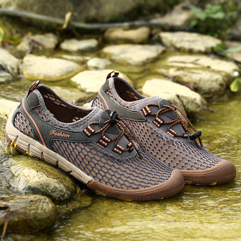 Men's Casual Sandal Leather Cowskin Genuine Loafers Beach Mesh Breathable Outdoor Shoes GRAY BROWN KHAKI