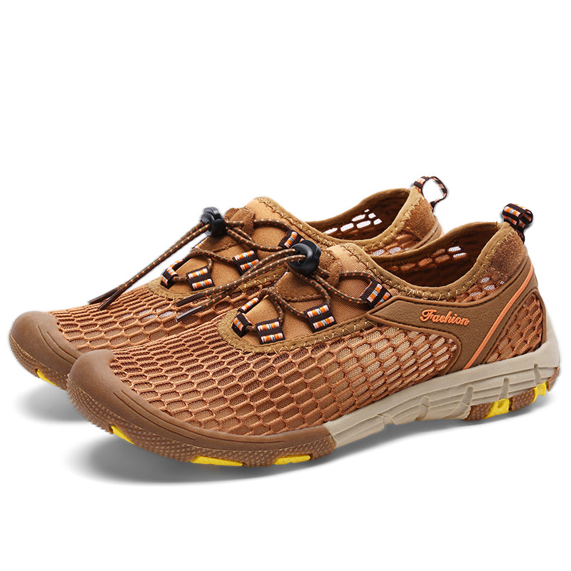 Men's Casual Sandal Leather Cowskin Genuine Loafers Beach Mesh Breathable Outdoor Shoes GRAY BROWN KHAKI