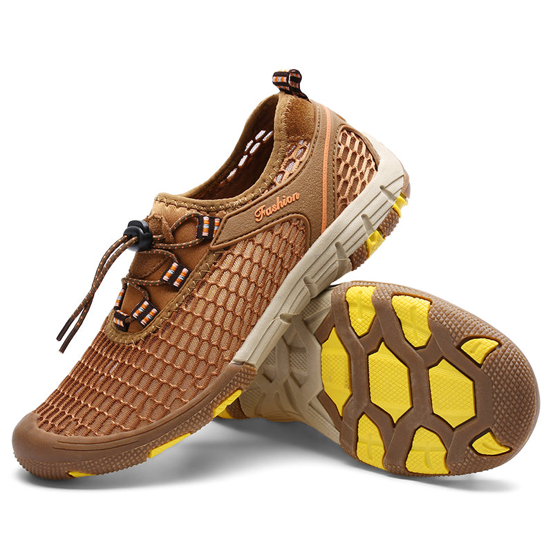 Men's Casual Sandal Leather Cowskin Genuine Loafers Beach Mesh Breathable Outdoor Shoes GRAY BROWN KHAKI