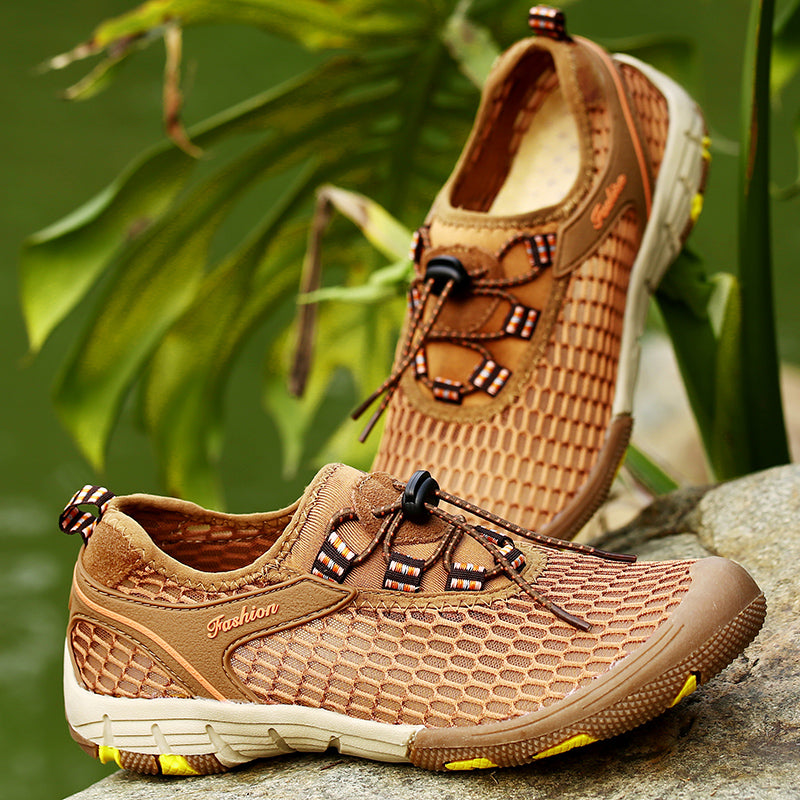 Men's Casual Sandal Leather Cowskin Genuine Loafers Beach Mesh Breathable Outdoor Shoes GRAY BROWN KHAKI