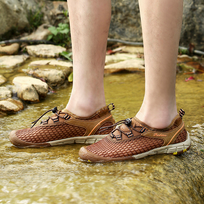 Men's Casual Sandal Leather Cowskin Genuine Loafers Beach Mesh Breathable Outdoor Shoes GRAY BROWN KHAKI