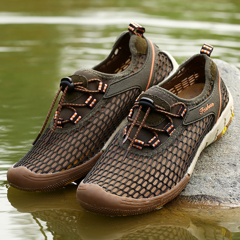 Men's Casual Sandal Leather Cowskin Genuine Loafers Beach Mesh Breathable Outdoor Shoes GRAY BROWN KHAKI