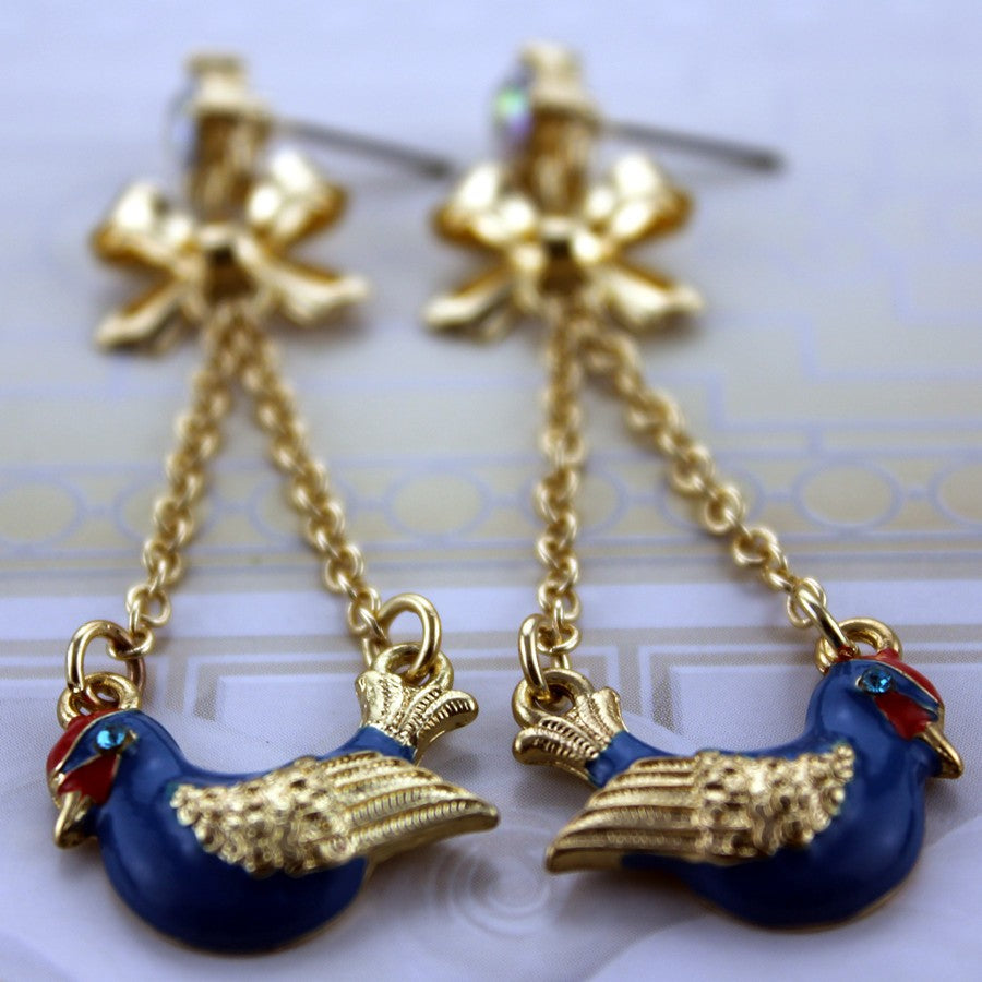 E-32Long chain blue ostrich bird earrings