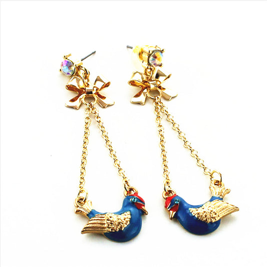 E-32Long chain blue ostrich bird earrings