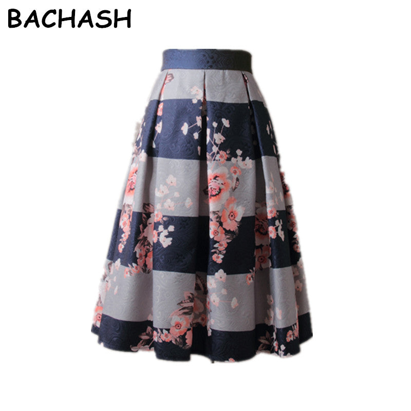 Winter Autumn Women Vintage Flower Print Ball Gown Pleated High Waist Tutu Midi Blue Skater Knee Length Skirts Spring