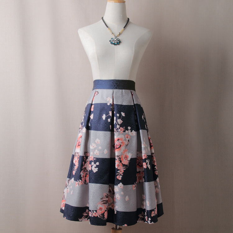 Winter Autumn Women Vintage Flower Print Ball Gown Pleated High Waist Tutu Midi Blue Skater Knee Length Skirts Spring