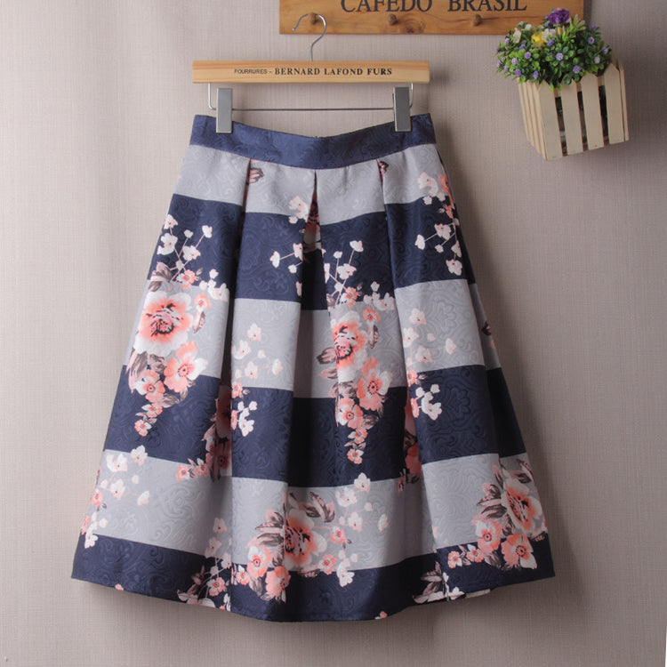 Winter Autumn Women Vintage Flower Print Ball Gown Pleated High Waist Tutu Midi Blue Skater Knee Length Skirts Spring