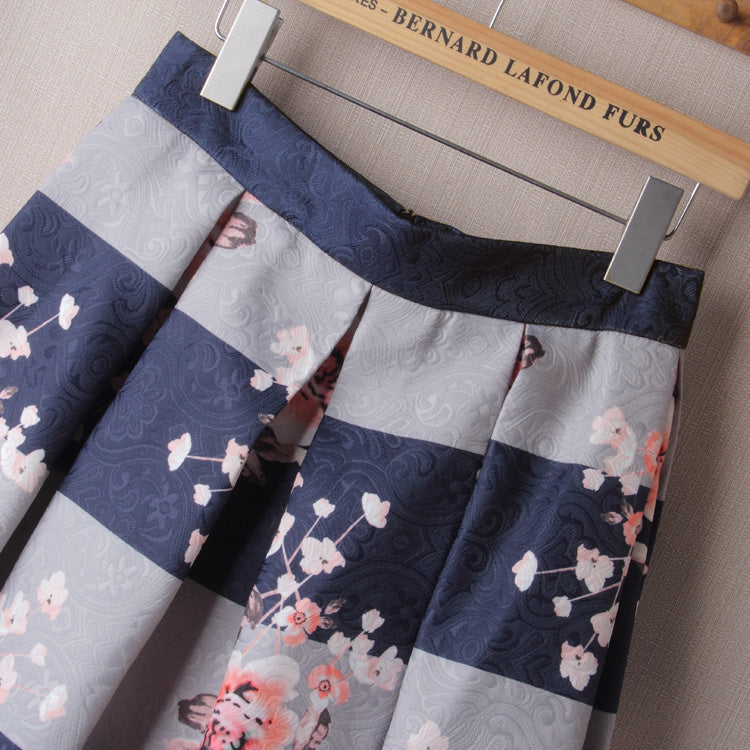 Winter Autumn Women Vintage Flower Print Ball Gown Pleated High Waist Tutu Midi Blue Skater Knee Length Skirts Spring