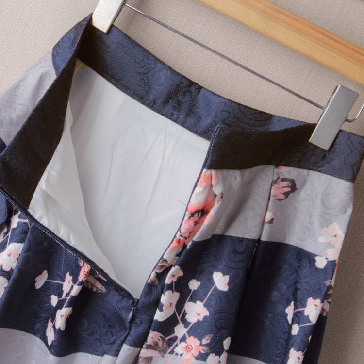 Winter Autumn Women Vintage Flower Print Ball Gown Pleated High Waist Tutu Midi Blue Skater Knee Length Skirts Spring