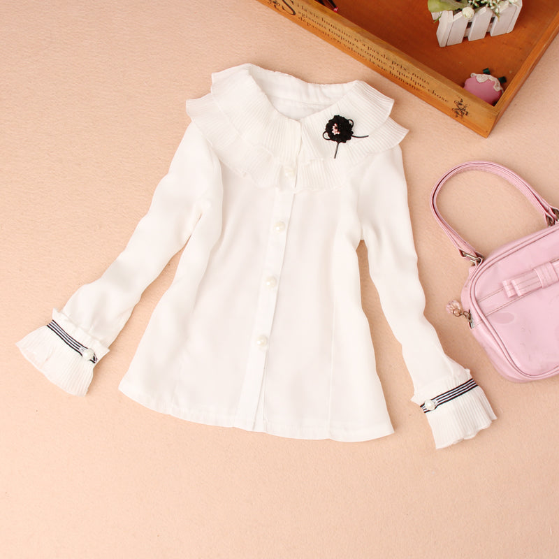 Girls white blouse 2018 Autumn Children Long sleeve Chiffon shirt Kids School Princess Flower design tops All matching clothing