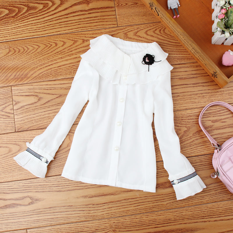 Girls white blouse 2018 Autumn Children Long sleeve Chiffon shirt Kids School Princess Flower design tops All matching clothing