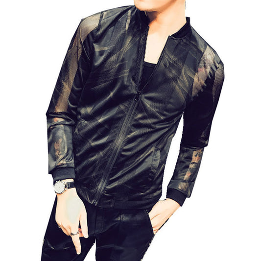 Summer Men Jacket Print Stripe Bomber Jacket Men 2018 Transparent Hollow Mesh Zipper Long Sleeve Nightclub Black Thin Mens Coat