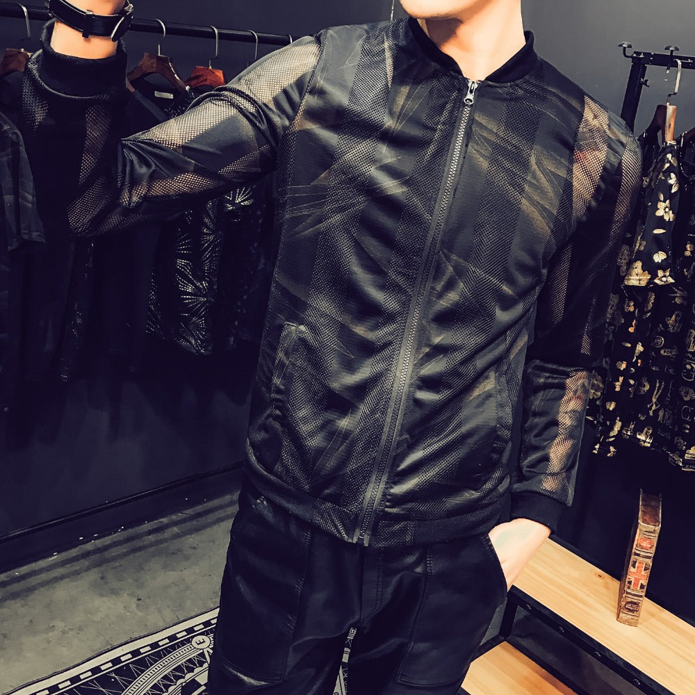 Summer Men Jacket Print Stripe Bomber Jacket Men 2018 Transparent Hollow Mesh Zipper Long Sleeve Nightclub Black Thin Mens Coat