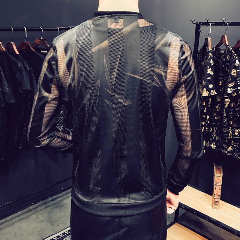 Summer Men Jacket Print Stripe Bomber Jacket Men 2018 Transparent Hollow Mesh Zipper Long Sleeve Nightclub Black Thin Mens Coat