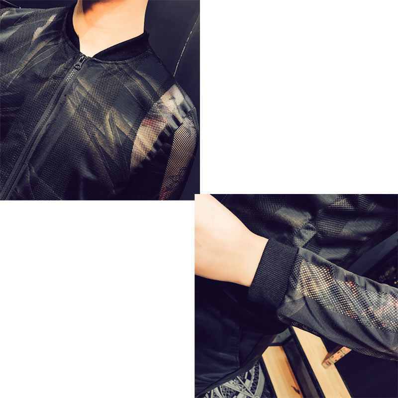 Summer Men Jacket Print Stripe Bomber Jacket Men 2018 Transparent Hollow Mesh Zipper Long Sleeve Nightclub Black Thin Mens Coat