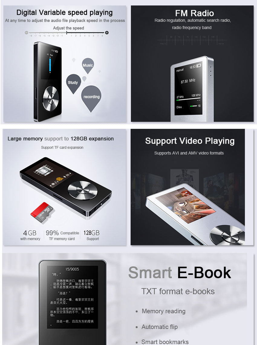 MP3 player lossless HiFi MP3 Music player with High Quality Sound out Speaker E-book FM radio Clock