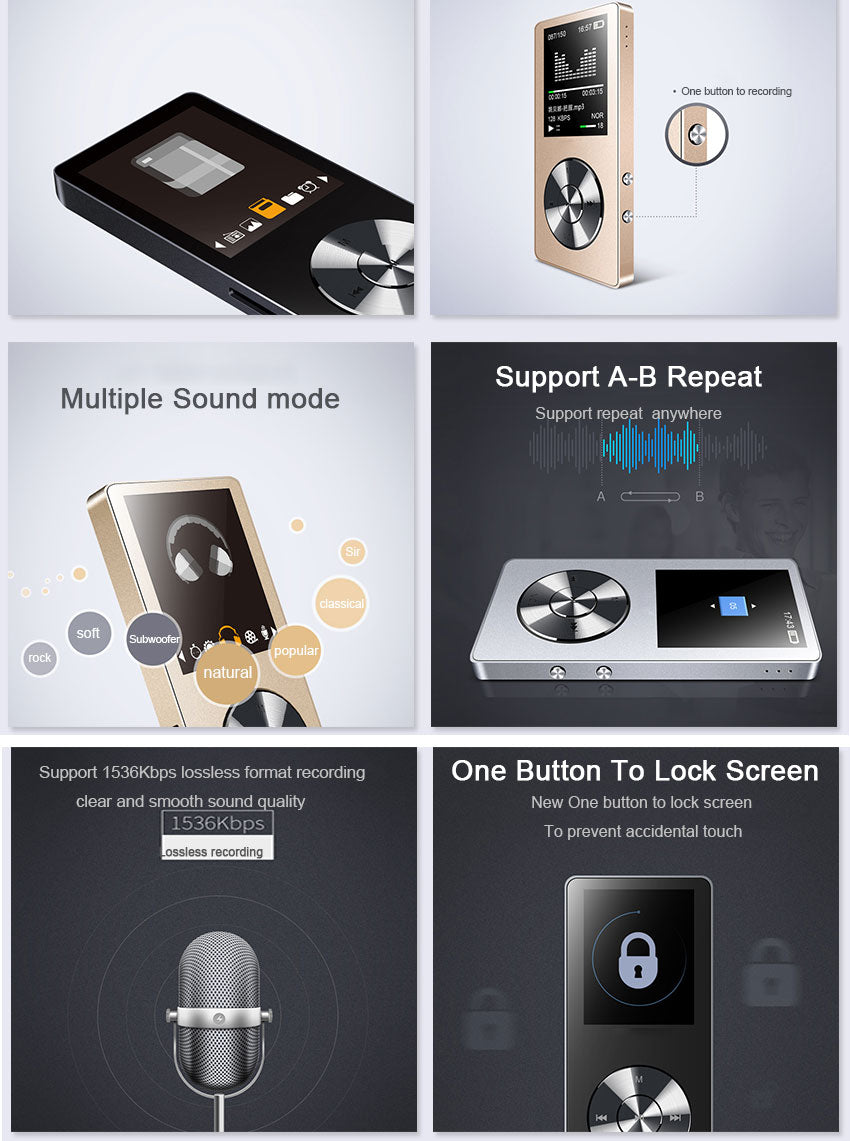 MP3 player lossless HiFi MP3 Music player with High Quality Sound out Speaker E-book FM radio Clock