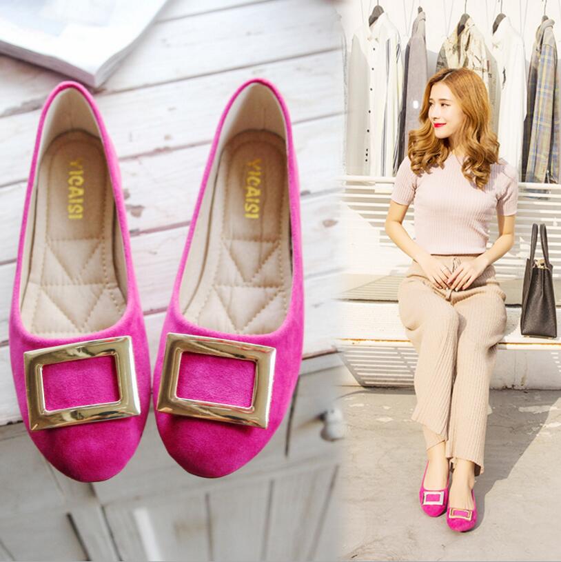 Spring new women's shoes plus size square buckle shallow mouth zapatos women's frosted tendon flat shoes 35-42